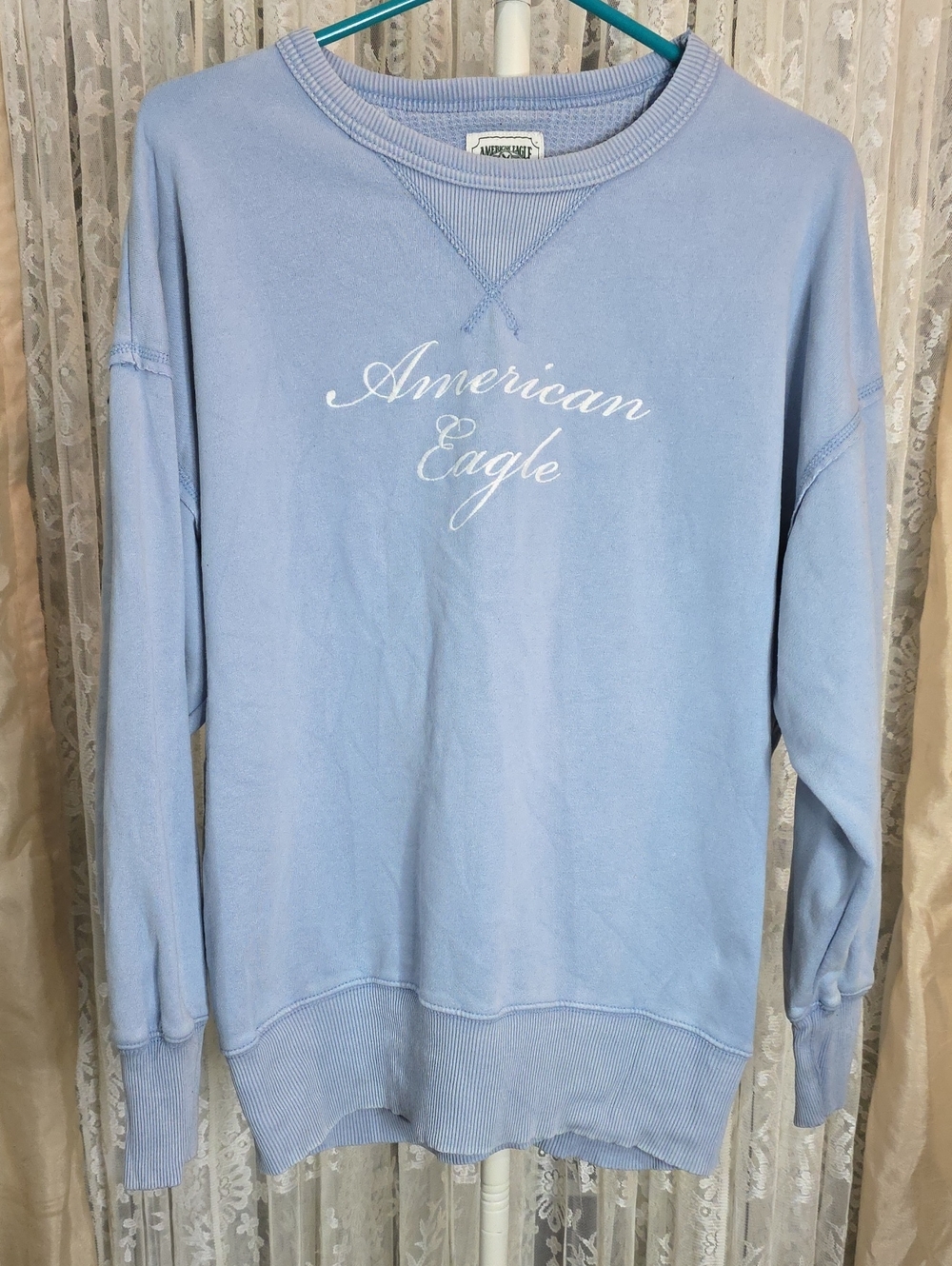 #225 American Eagle Oversized Script Logo Crewneck Sweatshirt Slate Blue